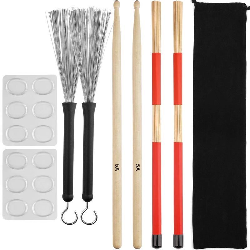Eison Drum Sticks Set,Eison 5A Maple Wood Drum Sticks,Drum Rods Brushes,Retractable Drum Wire Brushes,12PCS Drum Dampeners with Portable Bag,Drumsticks Gift Sets for Beginner Adults Drummer Practice - Image 1